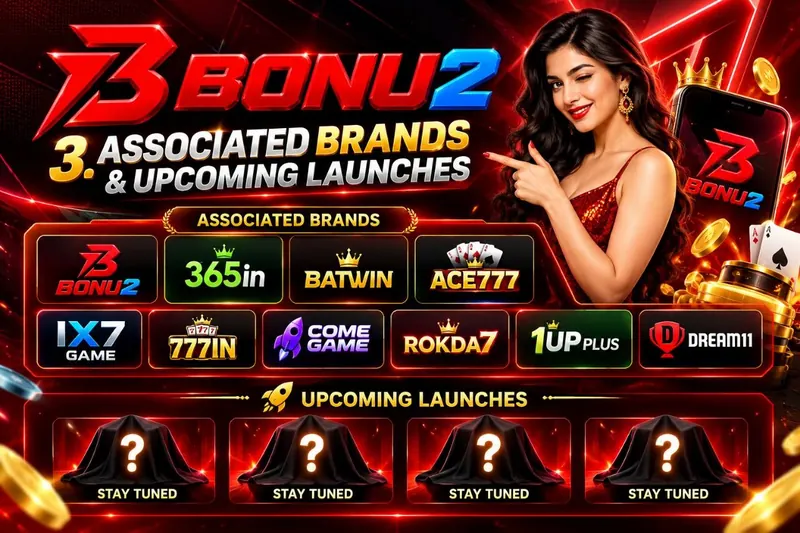 Bonu2 associated brands and upcoming launches: Bonu2, 365in, Batwin, ACE777, 1X7 Game, 777IN, ComeGame, Rokda7, 1UP Plus and Dream11, with four more launches marked Stay tuned.